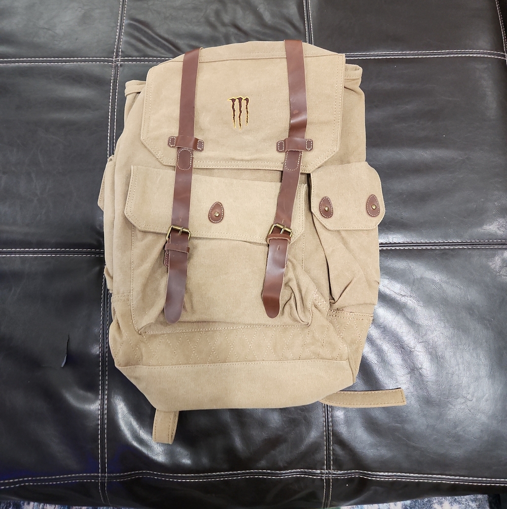 Monster Energy Tan Canvas Backpack with Brown Leather Straps